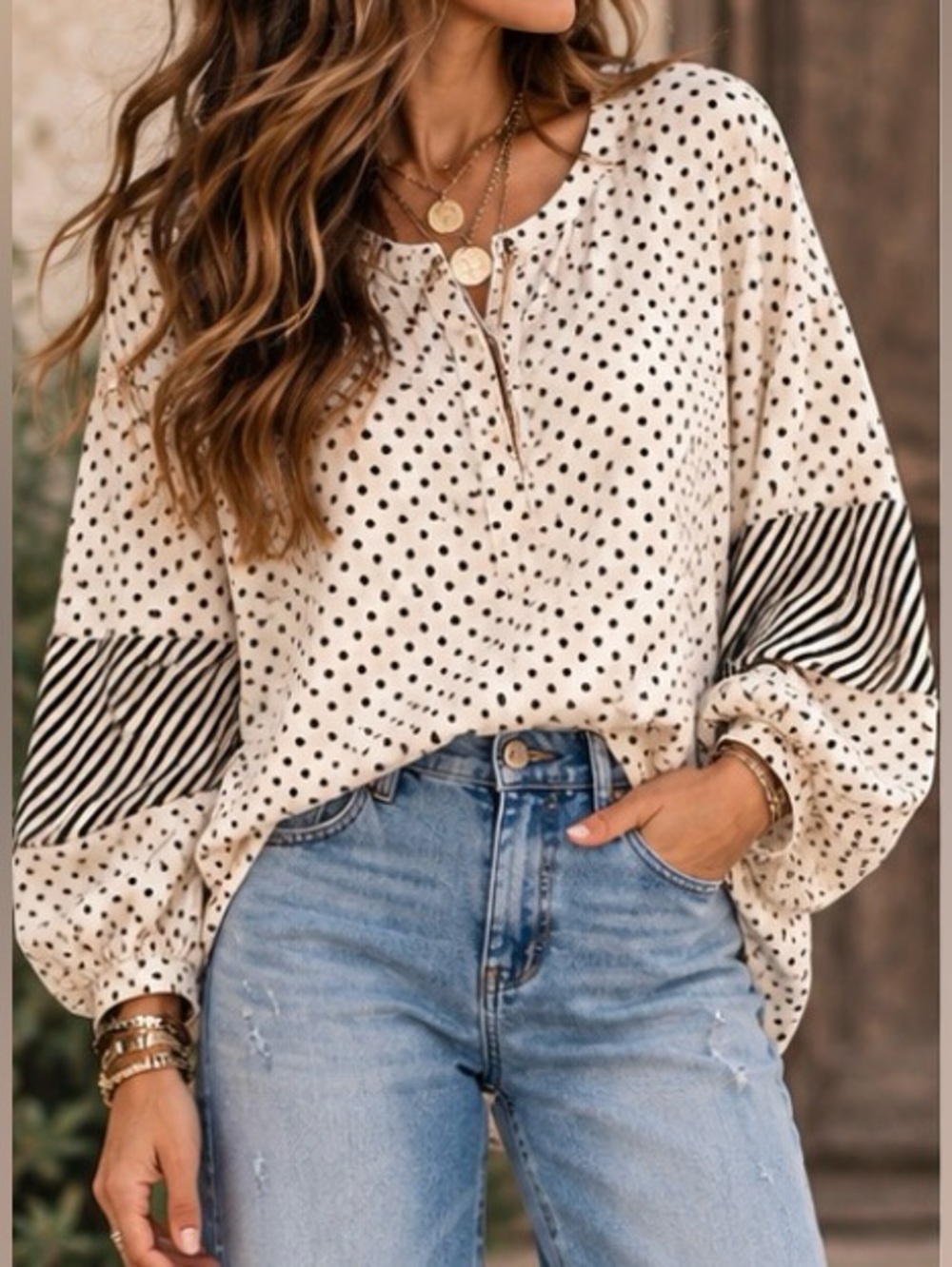 entro Cream Polka Dot Tunic with Black Stripe Sleeve Panels